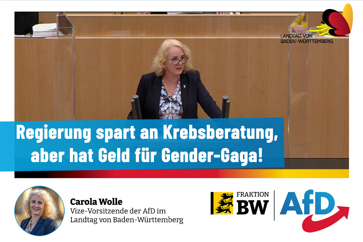 Plenarrede Carola Wolle zum Sozialhaushalt: "Finanzieren Sie die Krebsberatung statt Gender-Gaga!"